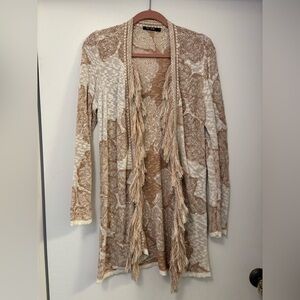 Nic and Zoe Women's Beige and White Fringed Sweater cardigan flaw